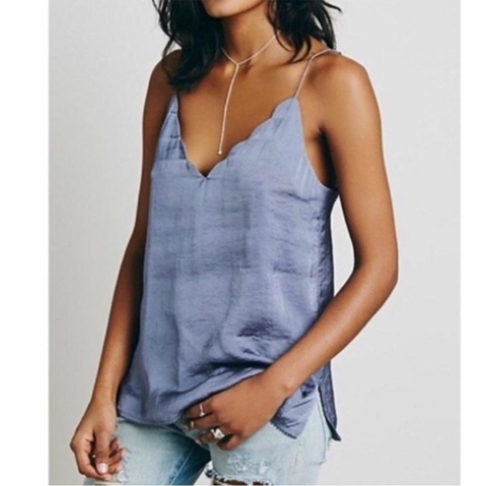Free People Gray/Blue Scalloped Edge Tank Top - Picture 1 of 4